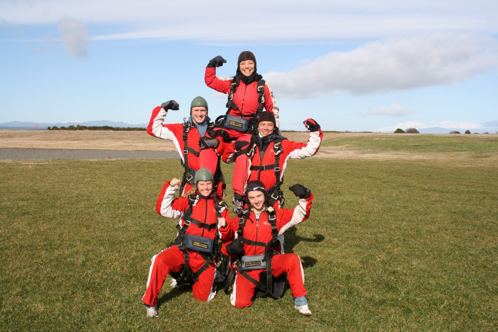 A Human Pyramid at Taupo Tandem Skydiving following some group bookings.